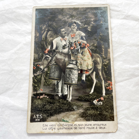 1910s - French Hand-Colored Romantic Postcard - Young Couple On Donkey With Milk Cans And Flowers - Charming Pastoral Market Scene