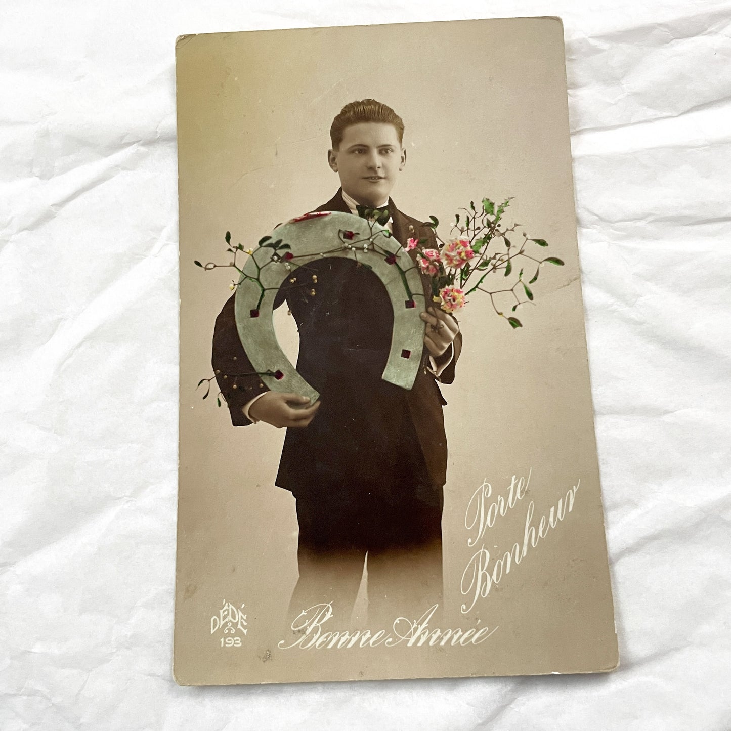 1920s - Vintage French New Year Postcard - Young Man Holding Lucky Horseshoe - Hand Colored Sepia Photo - Collectible Good Luck Ephemera