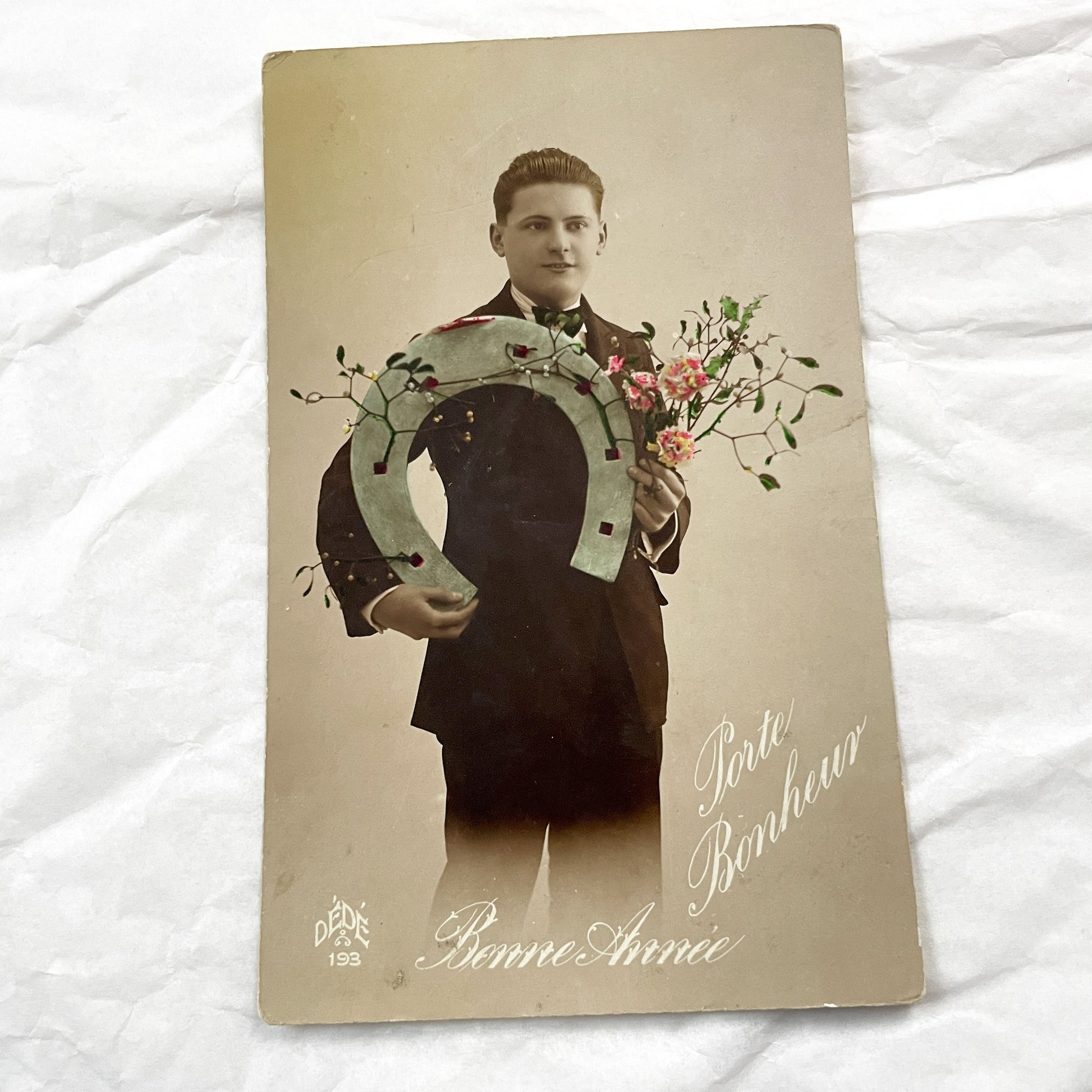 1920s - Vintage French New Year Postcard - Young Man Holding Lucky Horseshoe - Hand Colored Sepia Photo - Collectible Good Luck Ephemera