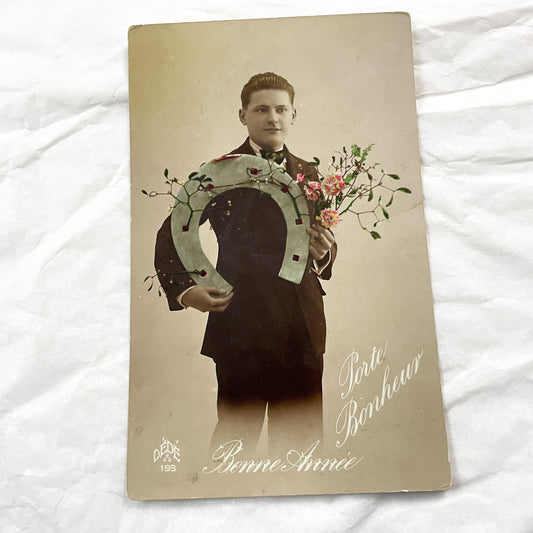 1920s - Vintage French New Year Postcard - Young Man Holding Lucky Horseshoe - Hand Colored Sepia Photo - Collectible Good Luck Ephemera