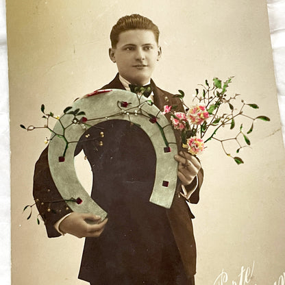 1920s - Vintage French New Year Postcard - Young Man Holding Lucky Horseshoe - Hand Colored Sepia Photo - Collectible Good Luck Ephemera