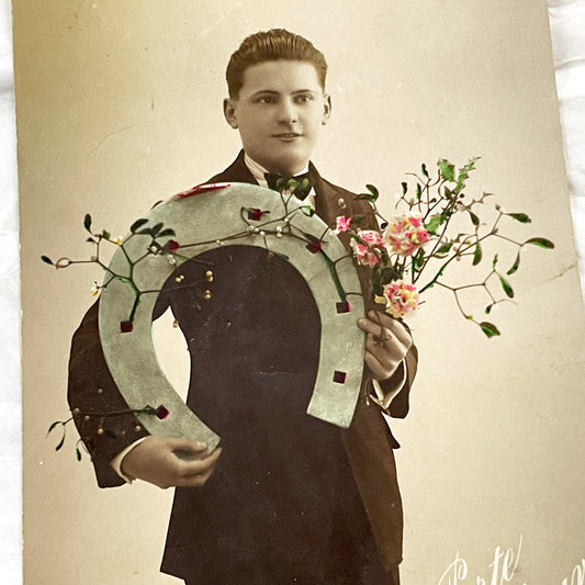 1920s - Vintage French New Year Postcard - Young Man Holding Lucky Horseshoe - Hand Colored Sepia Photo - Collectible Good Luck Ephemera