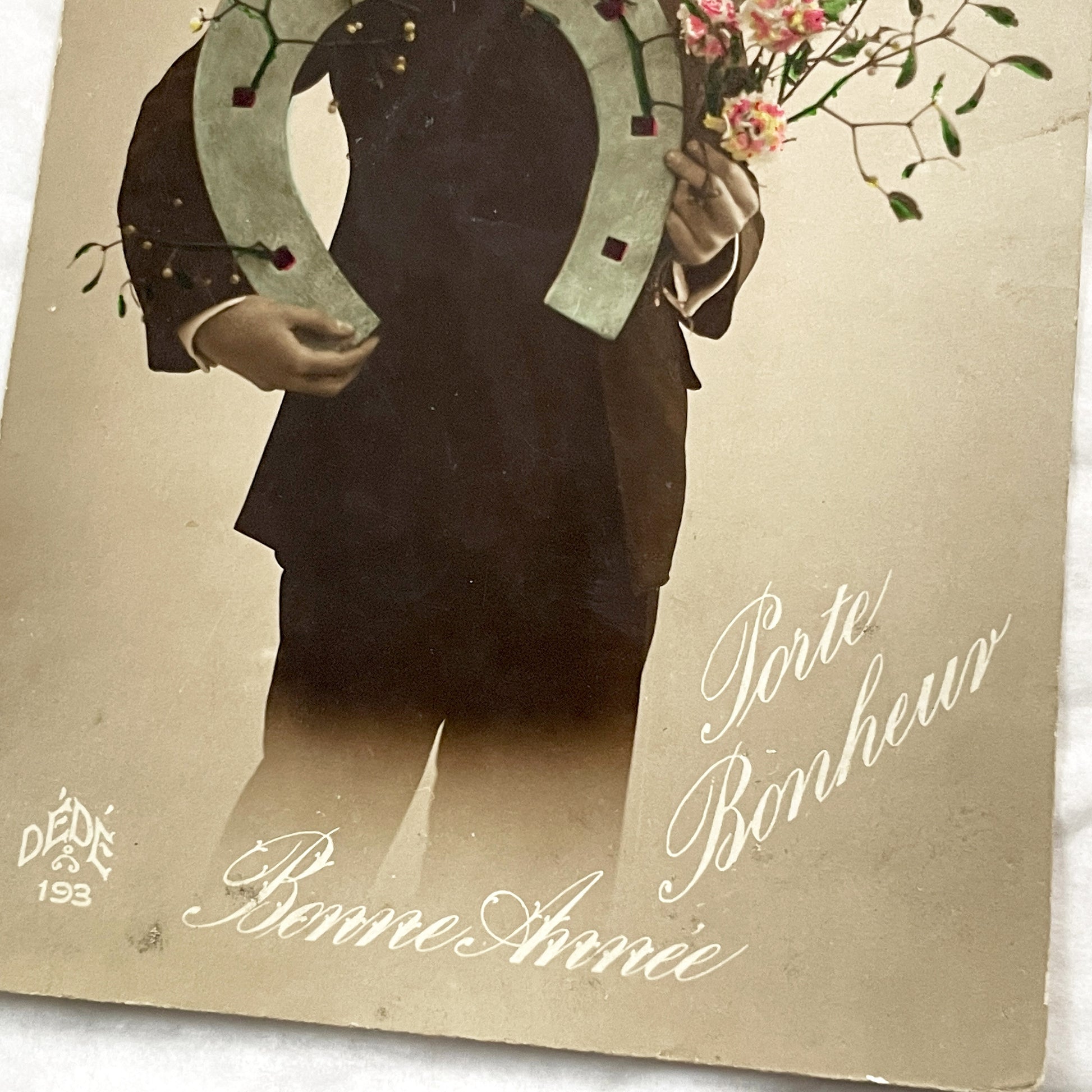 1920s - Vintage French New Year Postcard - Young Man Holding Lucky Horseshoe - Hand Colored Sepia Photo - Collectible Good Luck Ephemera