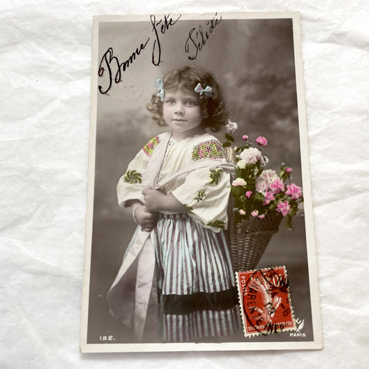 1910s - Vintage Postcard Little Girl - Hand Colored French Child Portrait in Folkloric Dress - Flowers Basket - Birthday Greeting Card