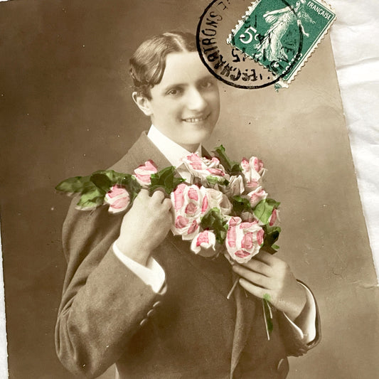 1910s - Vintage French Hand-Colored Postcard - Smiling Man with Pink Roses - Friendship Sentiment - Original Sepia Photo