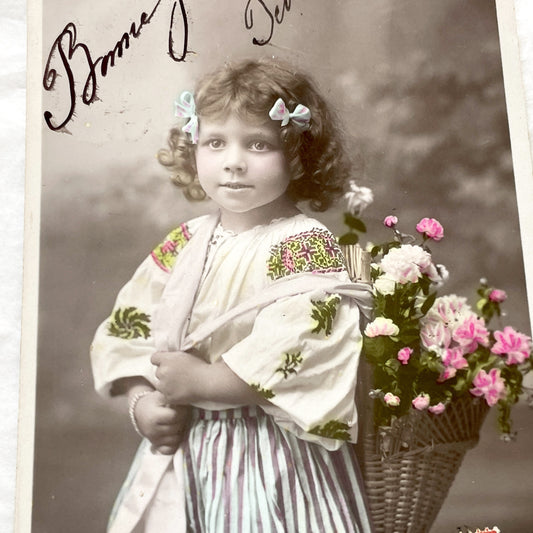 1910s - Vintage Postcard Little Girl - Hand Colored French Child Portrait in Folkloric Dress - Flowers Basket - Birthday Greeting Card