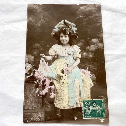 1900s - Antique Hand-Colored Postcard - Young Girl Portrait - French Bonne Fête Greeting - Vintage Child Photography - Sepia Tone