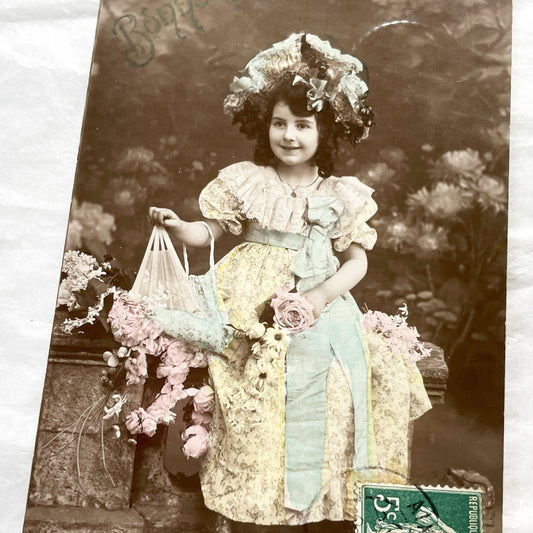 1900s - Antique Hand-Colored Postcard - Young Girl Portrait - French Bonne Fête Greeting - Vintage Child Photography - Sepia Tone