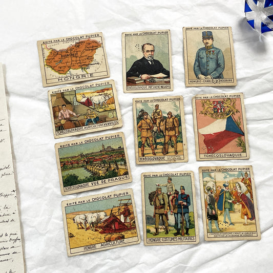 1920s - 10 Vintage Chocolat Pupier Trade Cards Set - Czechoslovakia & Hungary – Historical Figures, Military – Collectible Chromos
