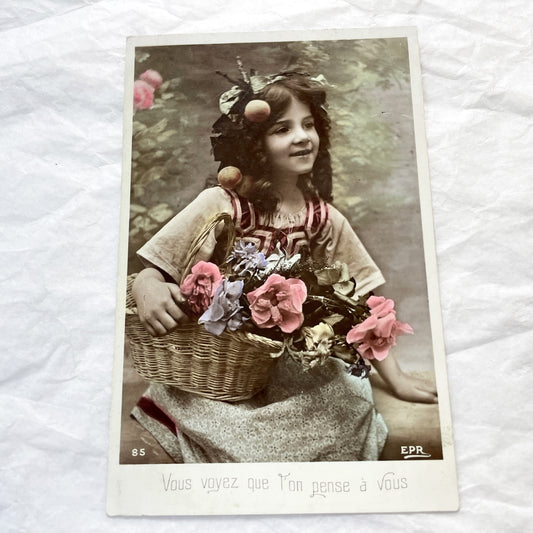 1900s - Vintage French Postcard - Sepia Hand-Colored Edwardian Girl With Flower Basket - Charming Antique Ephemera Art Nouveau Sentiment