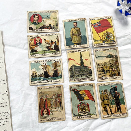 1910s - 10 Chocolat Pupier Trade Cards - Belgian and English History, Royalty, Military Collectibles - Set of Ten Illustrated Chromos