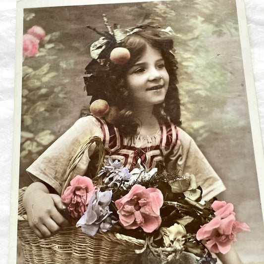 1900s - Vintage French Postcard - Sepia Hand-Colored Edwardian Girl With Flower Basket - Charming Antique Ephemera Art Nouveau Sentiment