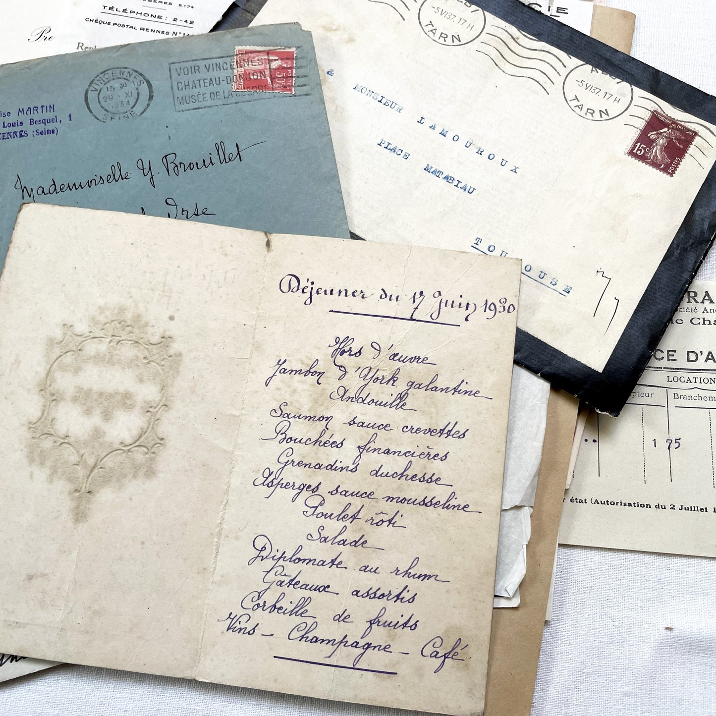 1930s - Authentic French Ephemera Collection - Vintage Paper Lot - Mixed Media - Letters - Invoices - Postcards - Historical Documents