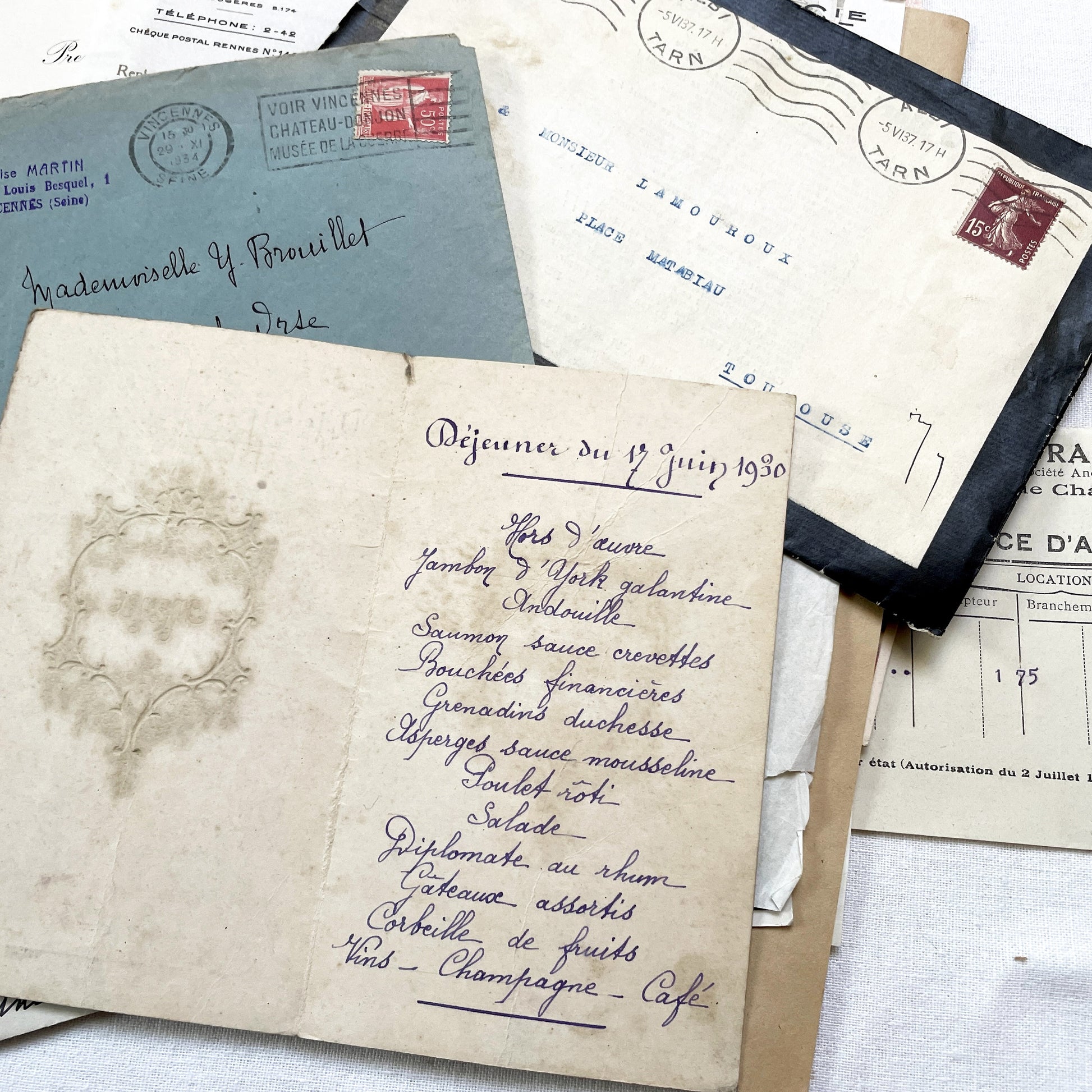1930s - Authentic French Ephemera Collection - Vintage Paper Lot - Mixed Media - Letters - Invoices - Postcards - Historical Documents