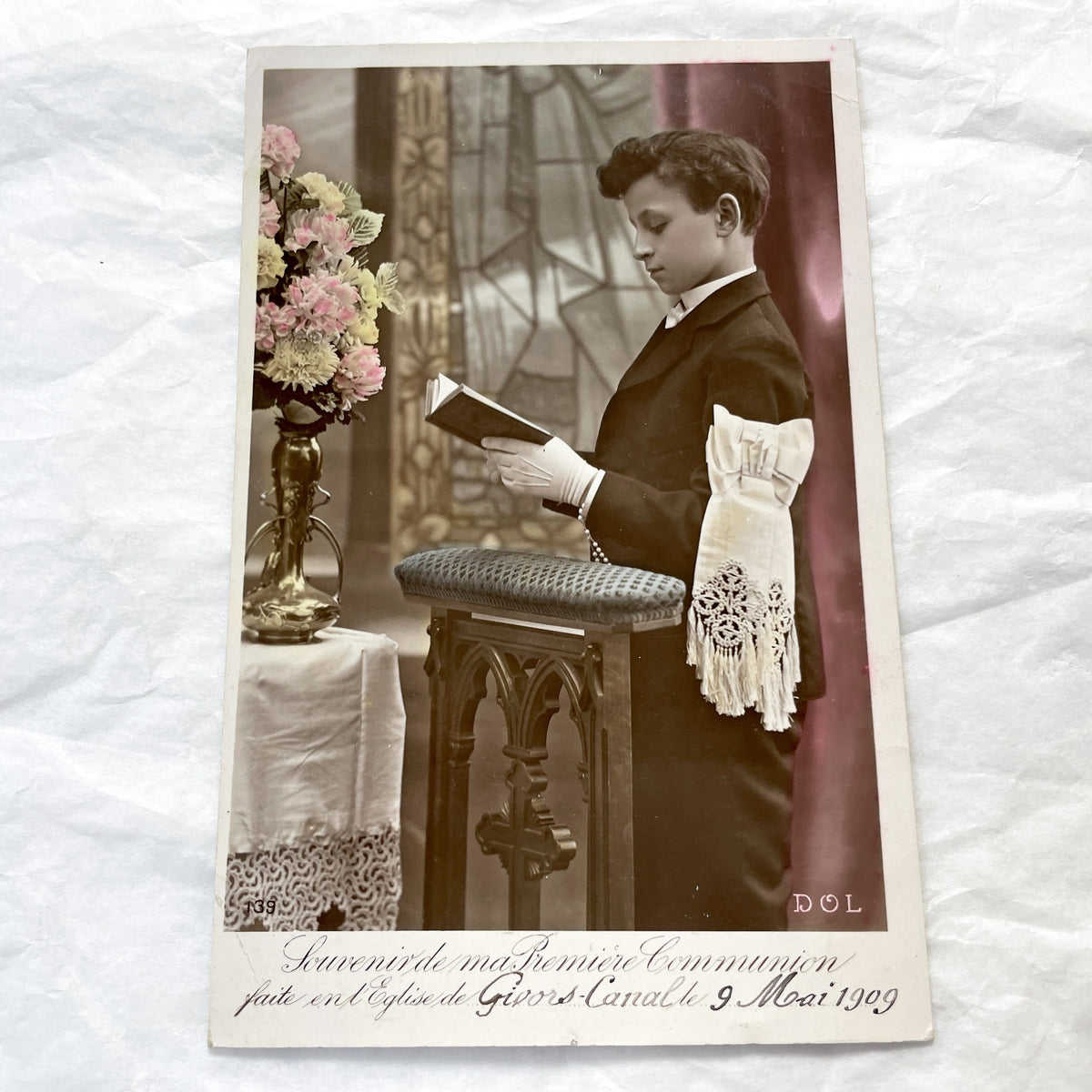1900s - Antique French First Communion Postcard - Givors-Canal Church - 1909 Boy Photo - Religious History Memorabilia