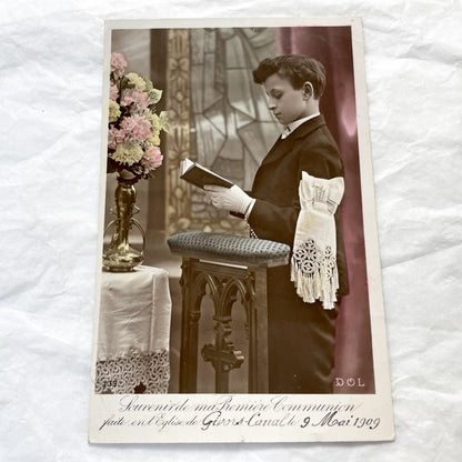 1900s - Antique French First Communion Postcard - Givors-Canal Church - 1909 Boy Photo - Religious History Memorabilia