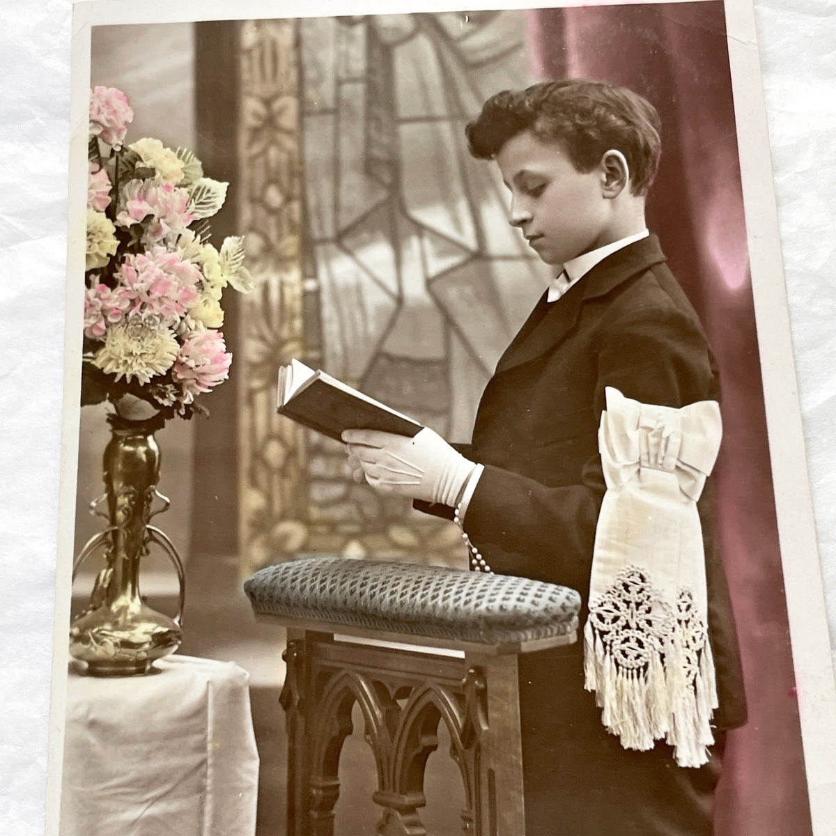 1900s - Antique French First Communion Postcard - Givors-Canal Church - 1909 Boy Photo - Religious History Memorabilia