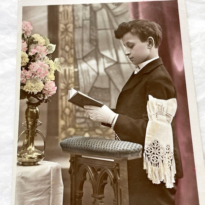 1900s - Antique French First Communion Postcard - Givors-Canal Church - 1909 Boy Photo - Religious History Memorabilia