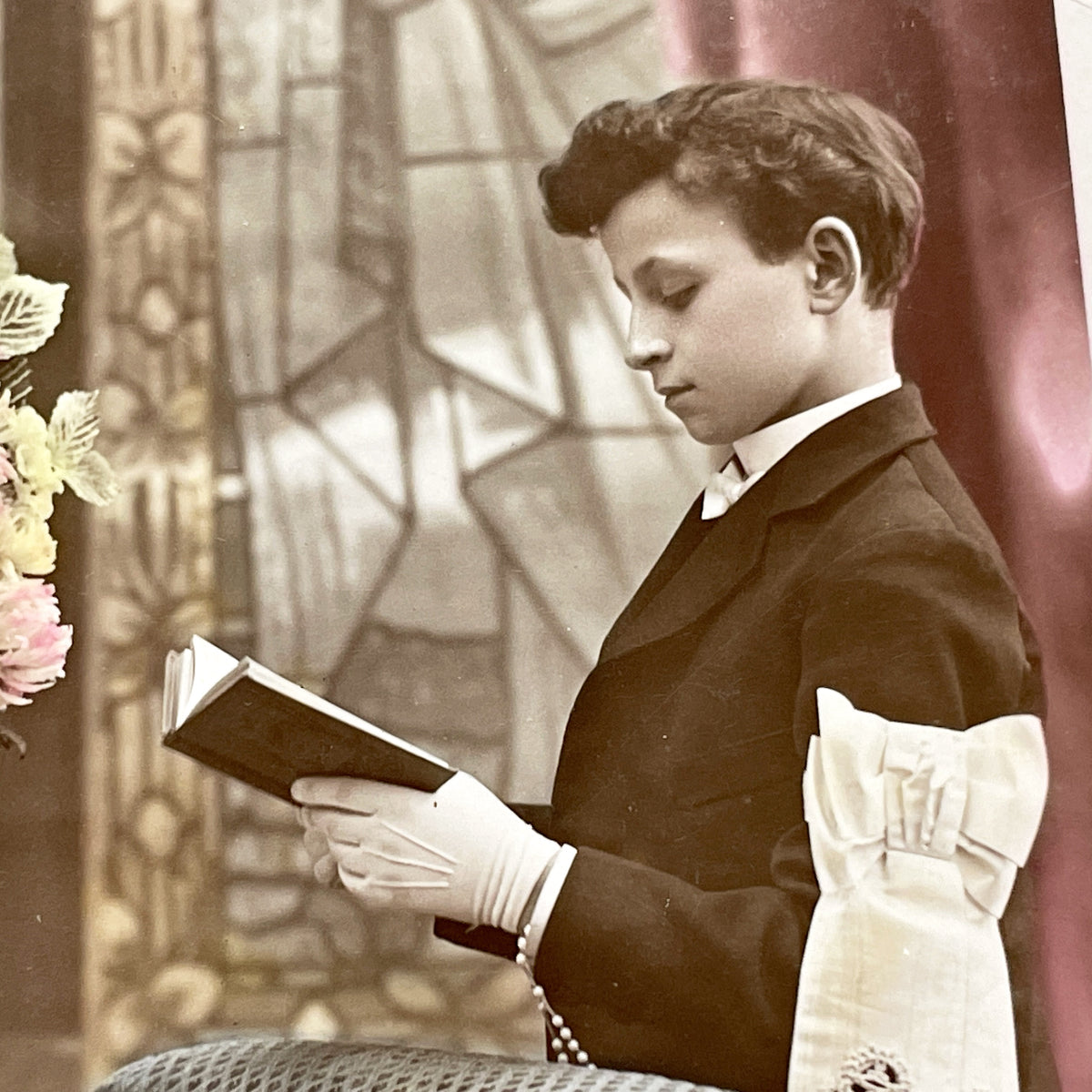 1900s - Antique French First Communion Postcard - Givors-Canal Church - 1909 Boy Photo - Religious History Memorabilia