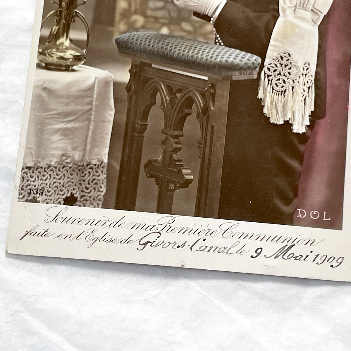 1900s - Antique French First Communion Postcard - Givors-Canal Church - 1909 Boy Photo - Religious History Memorabilia