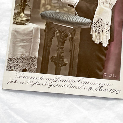 1900s - Antique French First Communion Postcard - Givors-Canal Church - 1909 Boy Photo - Religious History Memorabilia