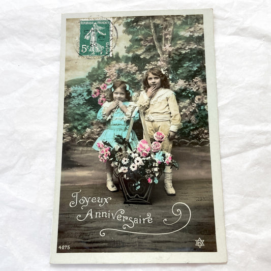 1900s - Vintage French Happy Birthday Postcard - Charming Children with Flowers Basket - Antique French Ephemera Decor Collectible