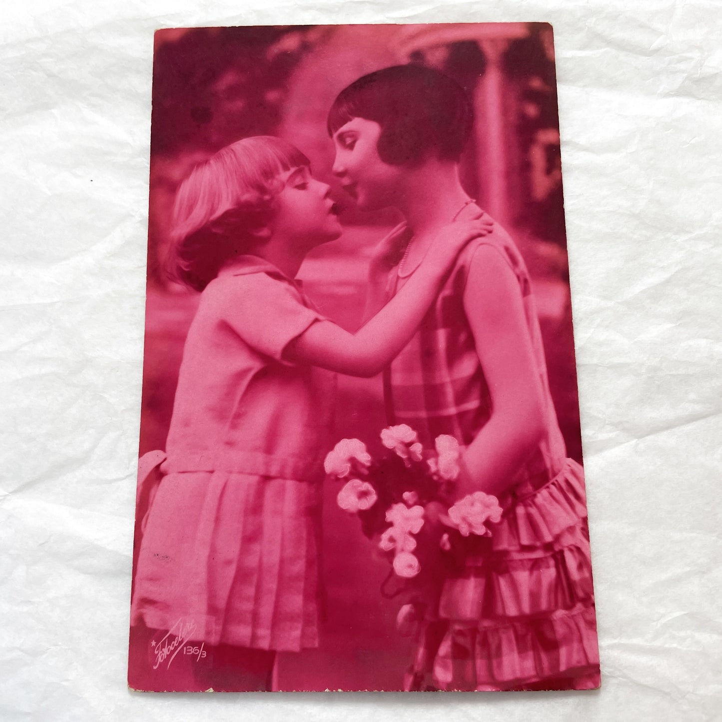 1920s - Vintage Photograph Two Girls Kissing - Affectionate Sisterly Moment - Monochrome Red Tone - Forbelen Print - Childhood Collectible