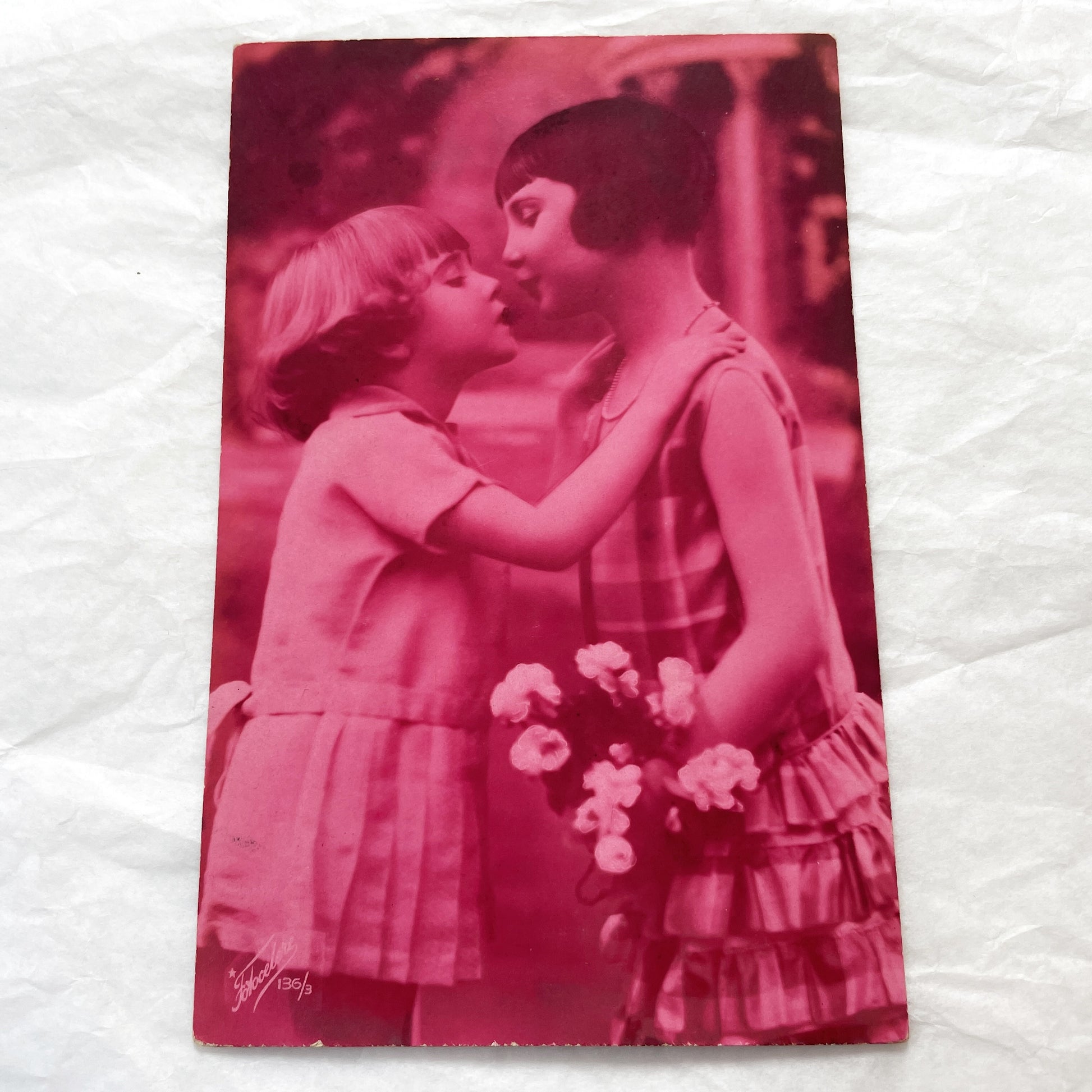 1920s - Vintage Photograph Two Girls Kissing - Affectionate Sisterly Moment - Monochrome Red Tone - Forbelen Print - Childhood Collectible