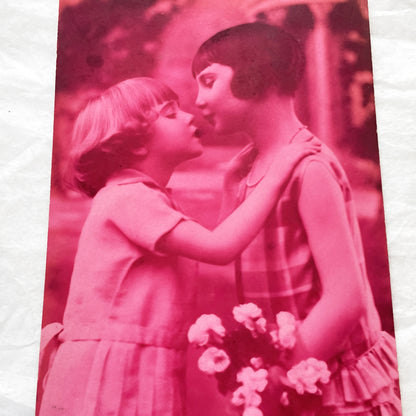 1920s - Vintage Photograph Two Girls Kissing - Affectionate Sisterly Moment - Monochrome Red Tone - Forbelen Print - Childhood Collectible
