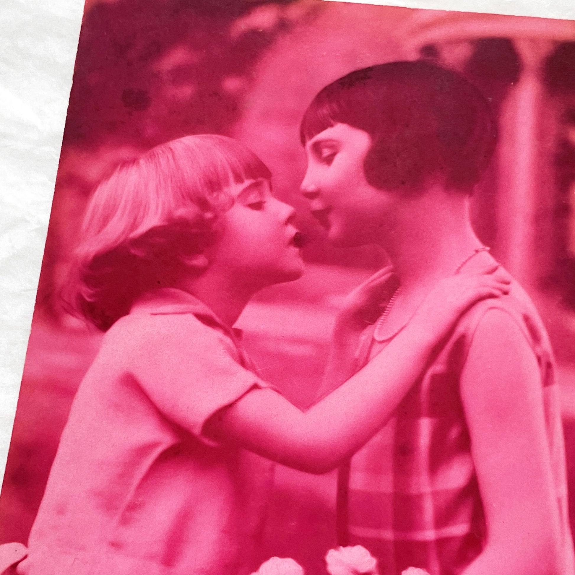 1920s - Vintage Photograph Two Girls Kissing - Affectionate Sisterly Moment - Monochrome Red Tone - Forbelen Print - Childhood Collectible