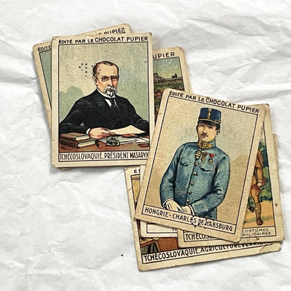 1920s - 10 Vintage Chocolat Pupier Trade Cards Set - Czechoslovakia & Hungary – Historical Figures, Military – Collectible Chromos