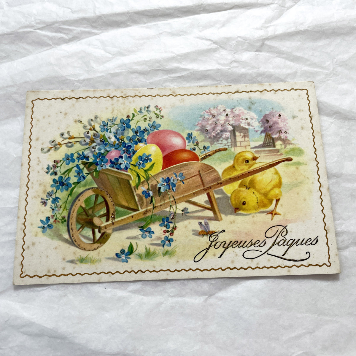 1940s - Antique French Easter Postcard - Vintage Chicks Eggs Flowers Wheelbarrow - Joyeuses Pâques Glitter Illustration