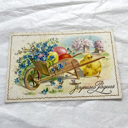 1940s - Antique French Easter Postcard - Vintage Chicks Eggs Flowers Wheelbarrow - Joyeuses Pâques Glitter Illustration