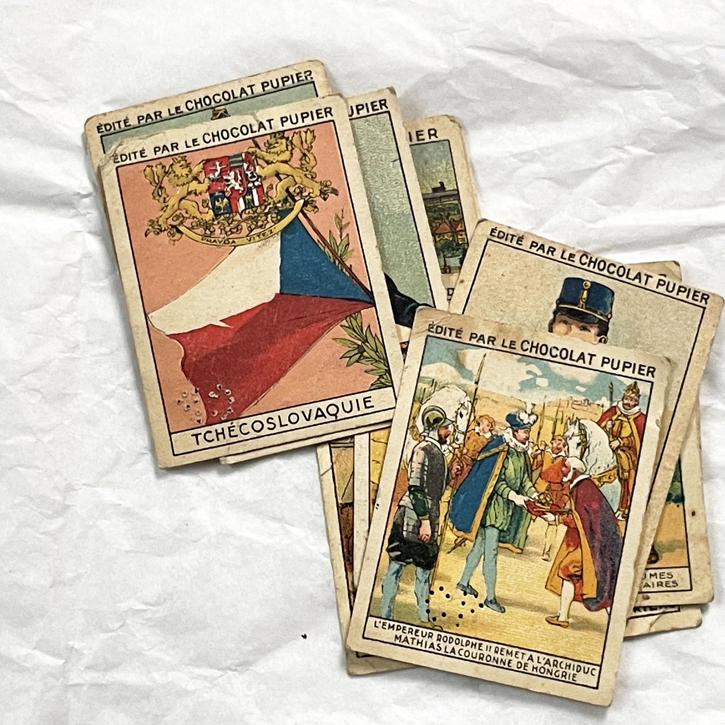 1920s - 10 Vintage Chocolat Pupier Trade Cards Set - Czechoslovakia & Hungary – Historical Figures, Military – Collectible Chromos
