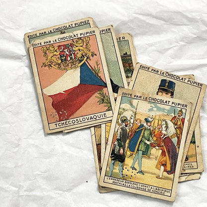 1920s - 10 Vintage Chocolat Pupier Trade Cards Set - Czechoslovakia & Hungary – Historical Figures, Military – Collectible Chromos