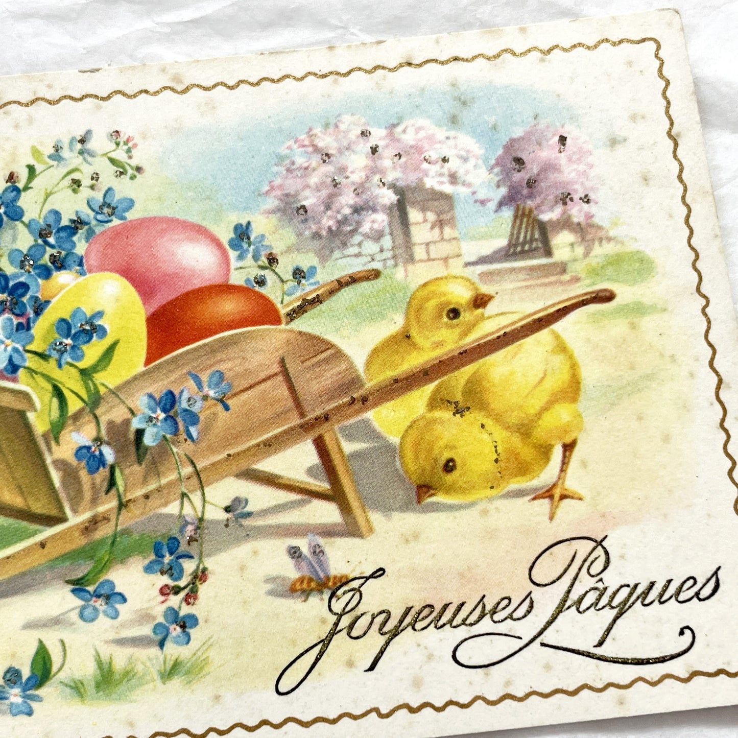 1940s - Antique French Easter Postcard - Vintage Chicks Eggs Flowers Wheelbarrow - Joyeuses Pâques Glitter Illustration