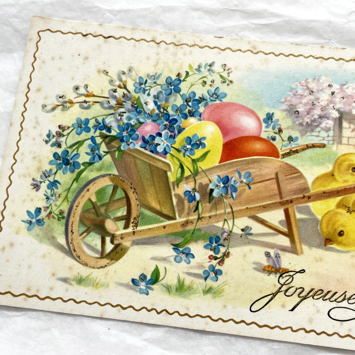 1940s - Antique French Easter Postcard - Vintage Chicks Eggs Flowers Wheelbarrow - Joyeuses Pâques Glitter Illustration