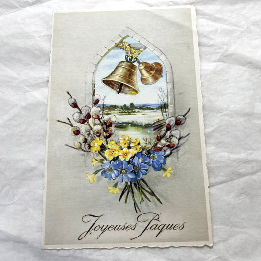 1950s - Vintage French Easter Postcard - Spring Bells and Pussy Willow Flowers - Arched Window Scenery - Collectible Greeting