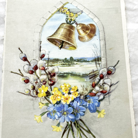 1950s - Vintage French Easter Postcard - Spring Bells and Pussy Willow Flowers - Arched Window Scenery - Collectible Greeting