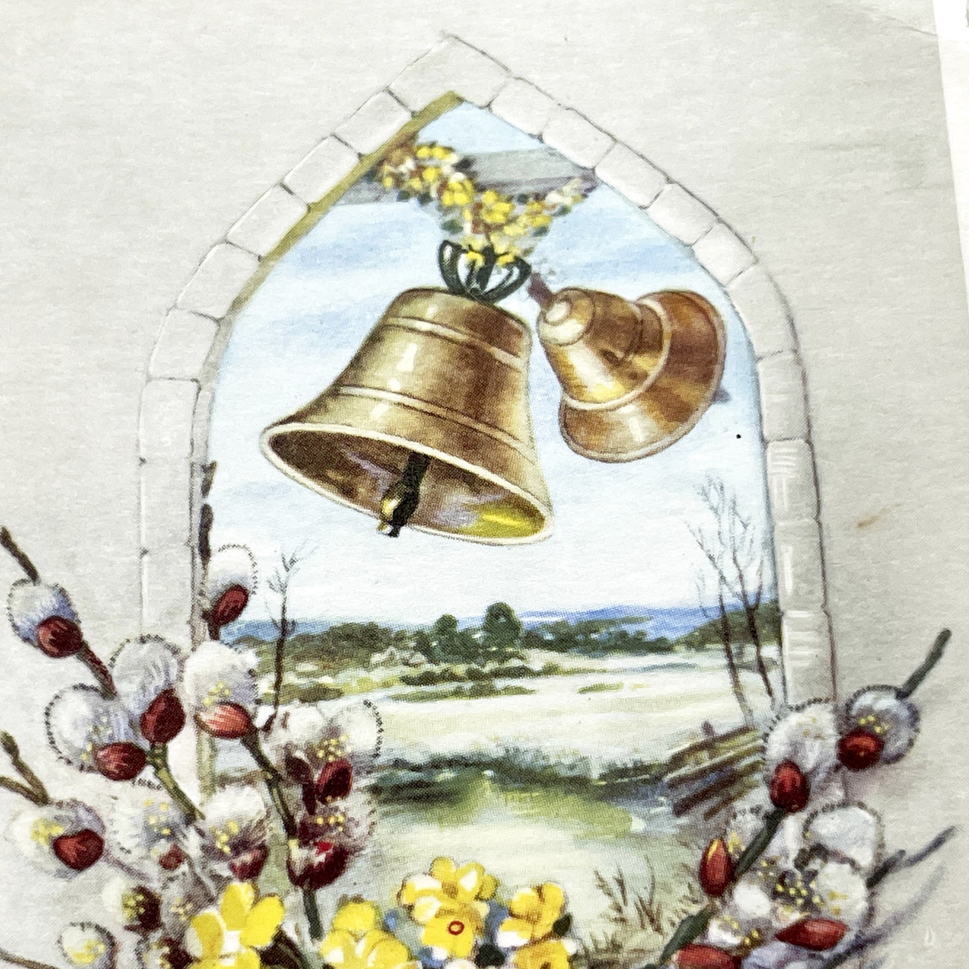 1950s - Vintage French Easter Postcard - Spring Bells and Pussy Willow Flowers - Arched Window Scenery - Collectible Greeting