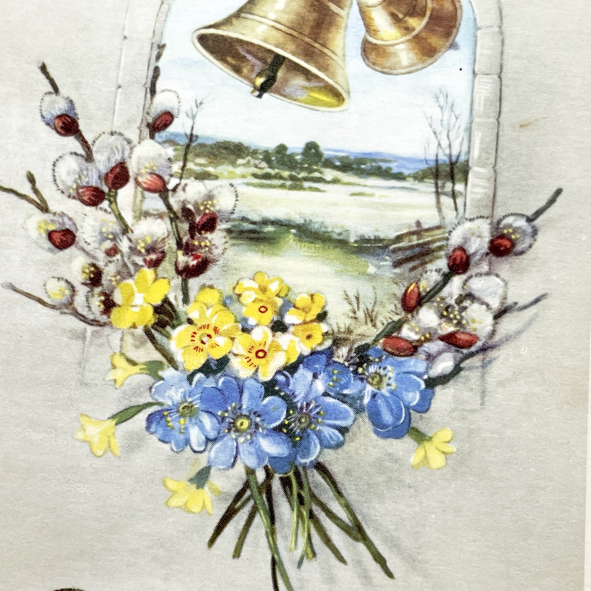 1950s - Vintage French Easter Postcard - Spring Bells and Pussy Willow Flowers - Arched Window Scenery - Collectible Greeting