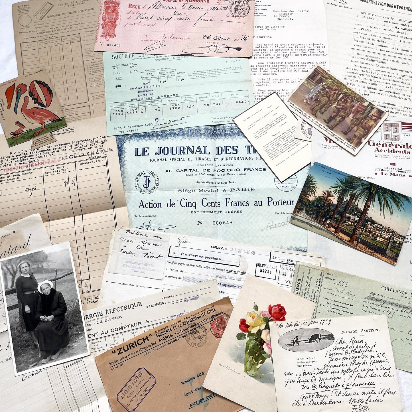 1930s - French Ephemera - Vintage Documents - Letters - Postcards - Invoices - Receipts - Financial Papers - Scrapbooking Junk Journal Lot