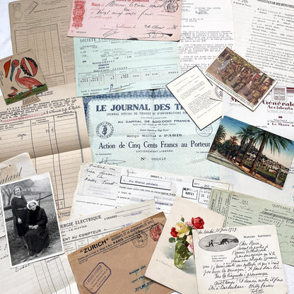 1930s - French Ephemera - Vintage Documents - Letters - Postcards - Invoices - Receipts - Financial Papers - Scrapbooking Junk Journal Lot