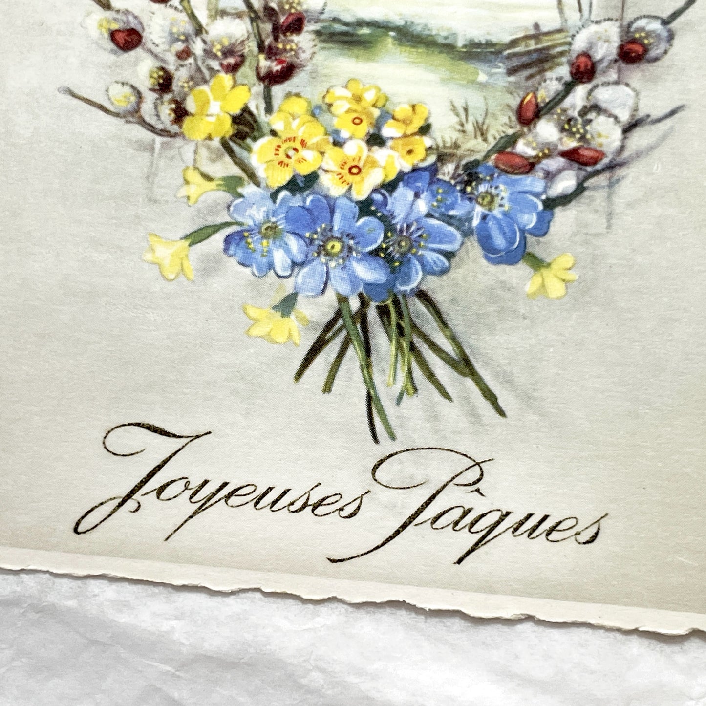 1950s - Vintage French Easter Postcard - Spring Bells and Pussy Willow Flowers - Arched Window Scenery - Collectible Greeting
