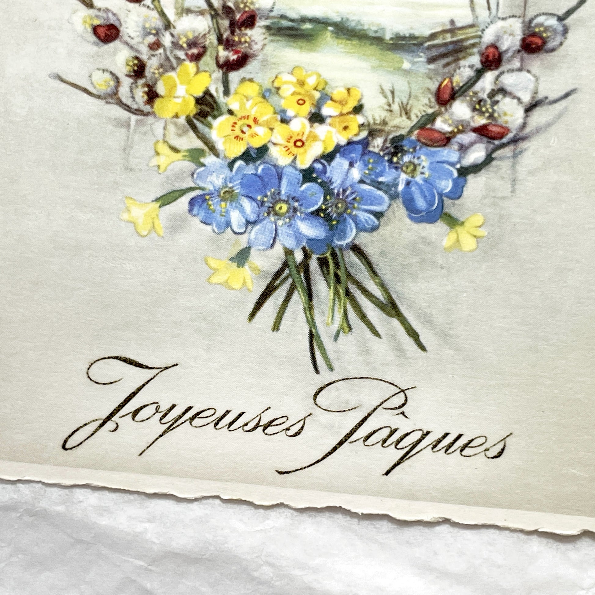 1950s - Vintage French Easter Postcard - Spring Bells and Pussy Willow Flowers - Arched Window Scenery - Collectible Greeting