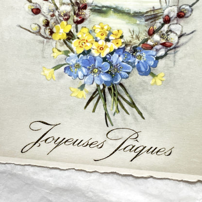 1950s - Vintage French Easter Postcard - Spring Bells and Pussy Willow Flowers - Arched Window Scenery - Collectible Greeting