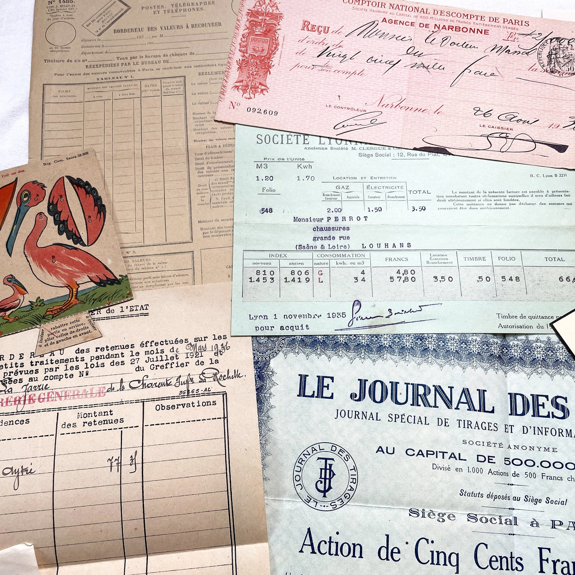 1930s - French Ephemera - Vintage Documents - Letters - Postcards - Invoices - Receipts - Financial Papers - Scrapbooking Junk Journal Lot