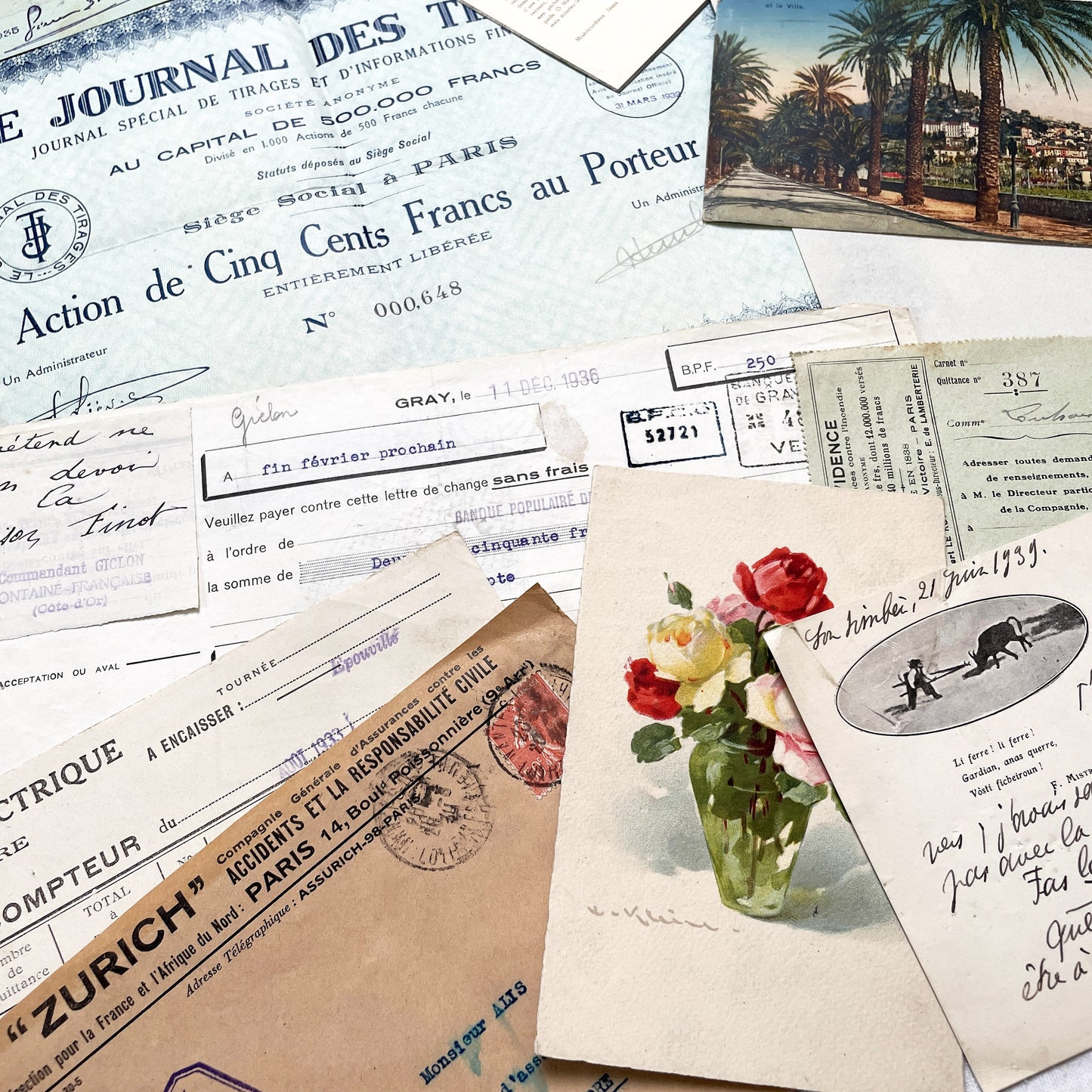 1930s - French Ephemera - Vintage Documents - Letters - Postcards - Invoices - Receipts - Financial Papers - Scrapbooking Junk Journal Lot