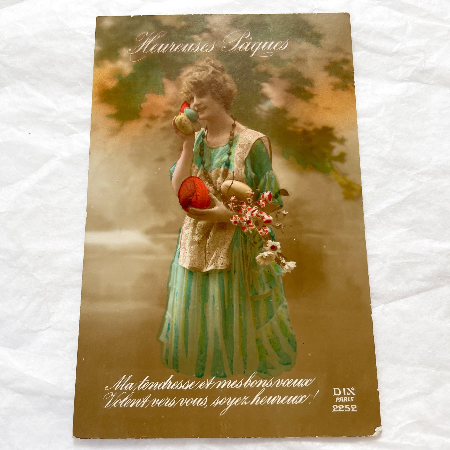 1910s - Vintage French Easter Postcard - Graceful Woman with Chick - Eggs & Flowers - 'Heureuses Pâques' - Parisian Publisher - Antique Art