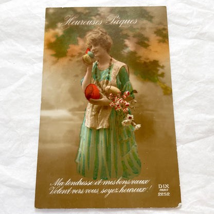 1910s - Vintage French Easter Postcard - Graceful Woman with Chick - Eggs & Flowers - 'Heureuses Pâques' - Parisian Publisher - Antique Art